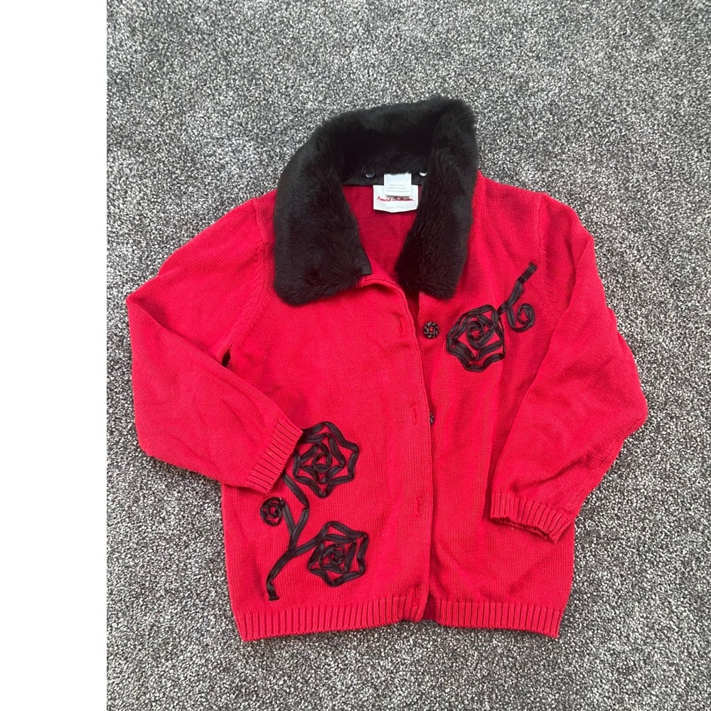 Hanna Andersson Red Knit Cardigan Faux Fur Collar Rose Toddler Size 90 US 3